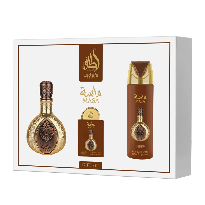 Coffret cadeau 3 pièces Lattafa Pride MASA : Eau de Parfum 100 ml + 20 ml + Déodorant 200 ml · Smarty Paris Beauté